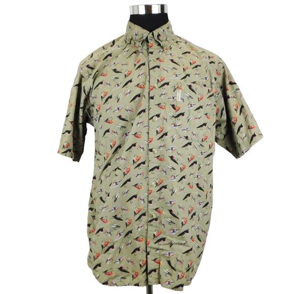 Columbia Tan Fishing Lures Cotton Short Sleeve Button-Up Mens Large Shirt - Picture 1 of 5